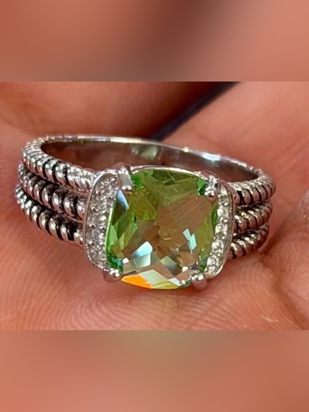David Yurman Sterling Silver Petite Peridot & Diamond Wheaton Ring Size 7.5